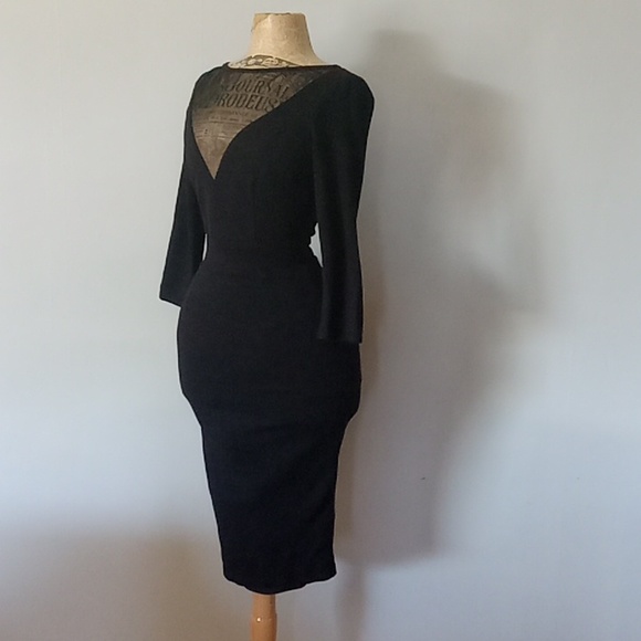 Pinup couture long sleeved black knee lengthwiggle dress V mesh front size S - Picture 5 of 7